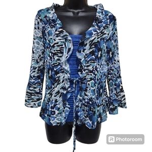Laura Scott Petite Abstract Floral ¾ Length Sleeve Ruffle Flowy Top Size MP